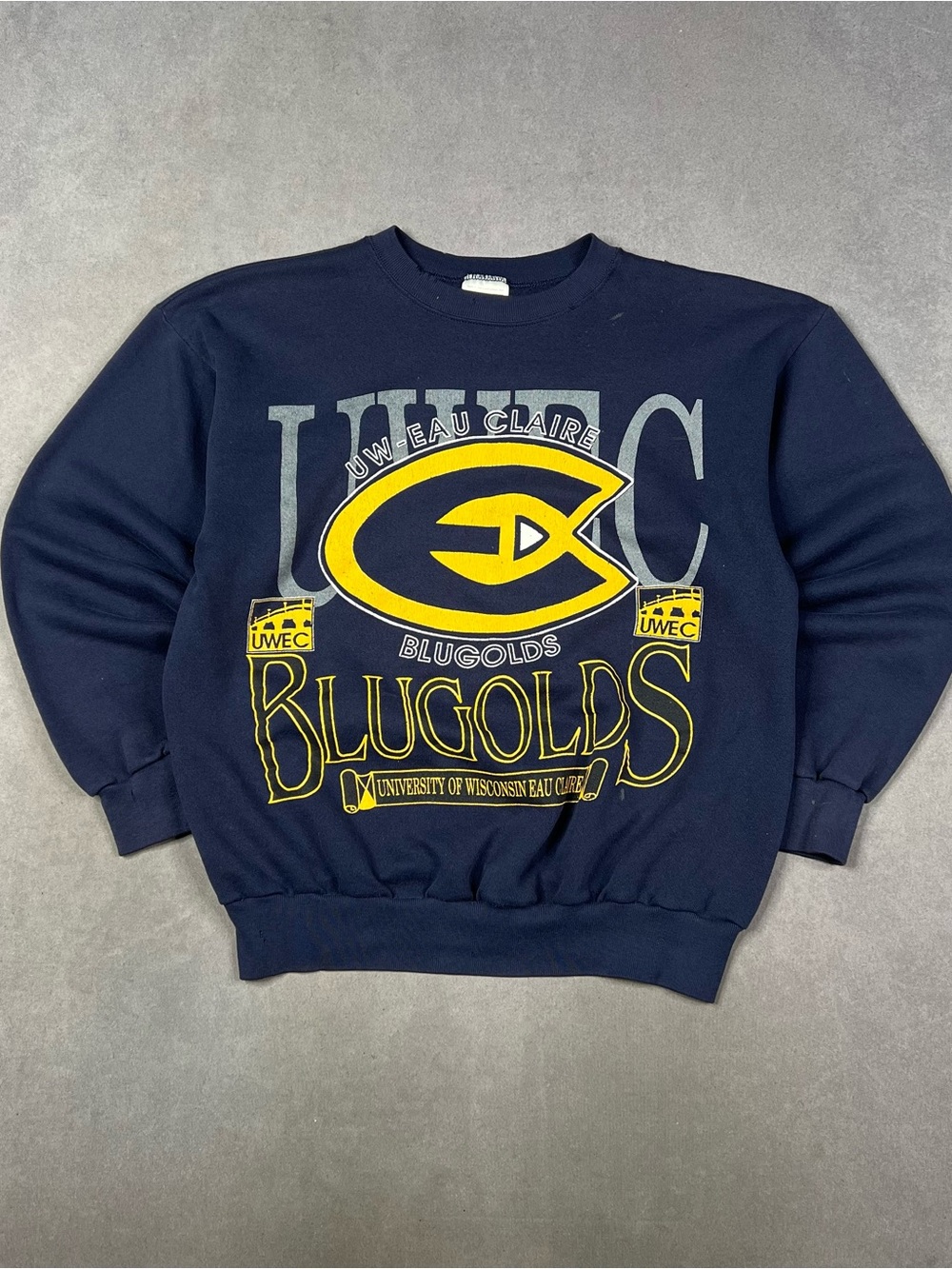 Vintage Navy Crewneck Sweatshirt with Yellow and Gray Blugolds University